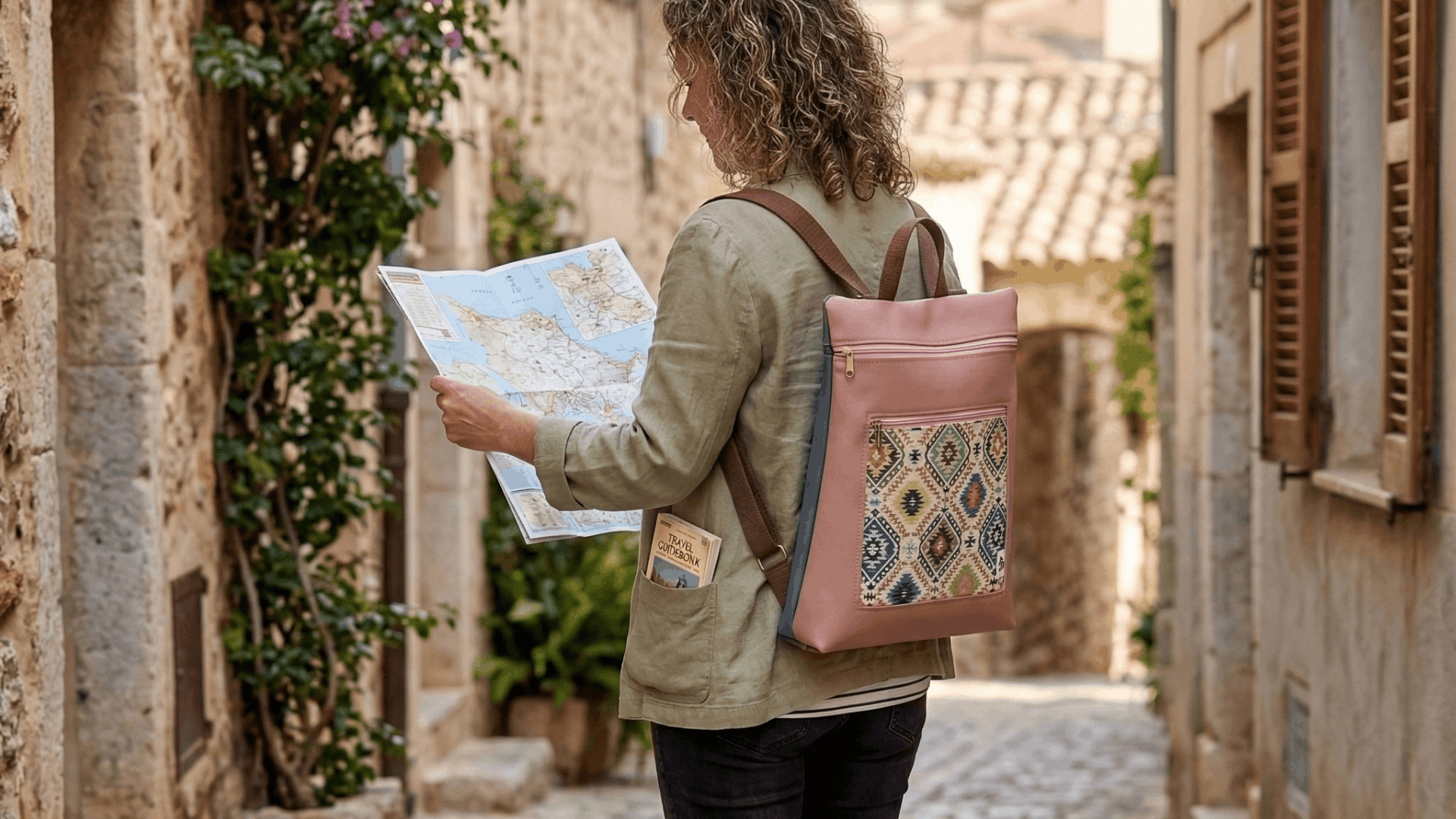 Mujer viajando de turista con mochila antirrobo reversible Cristina Alba