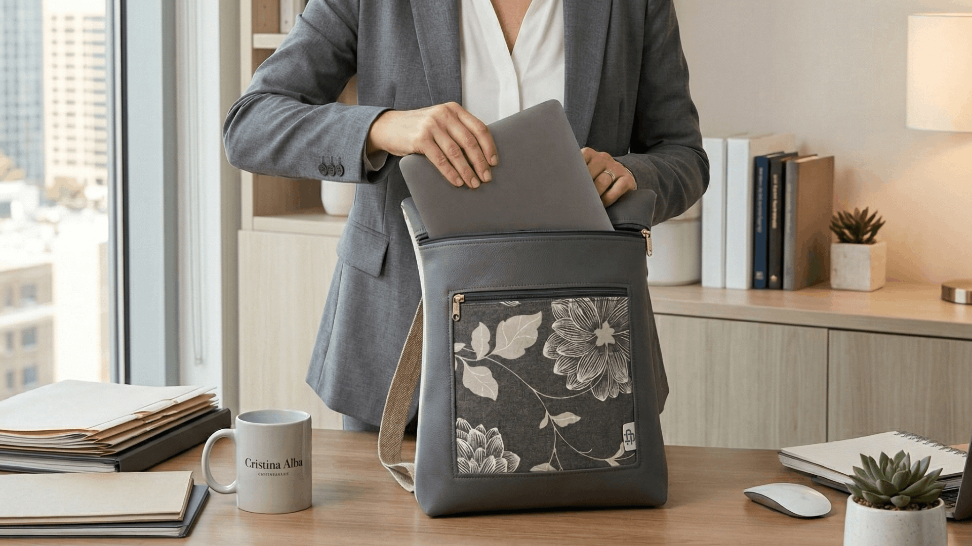 Mujer guardando un ordenador portátil en una mochila antirrobo reversible Cristina Alba