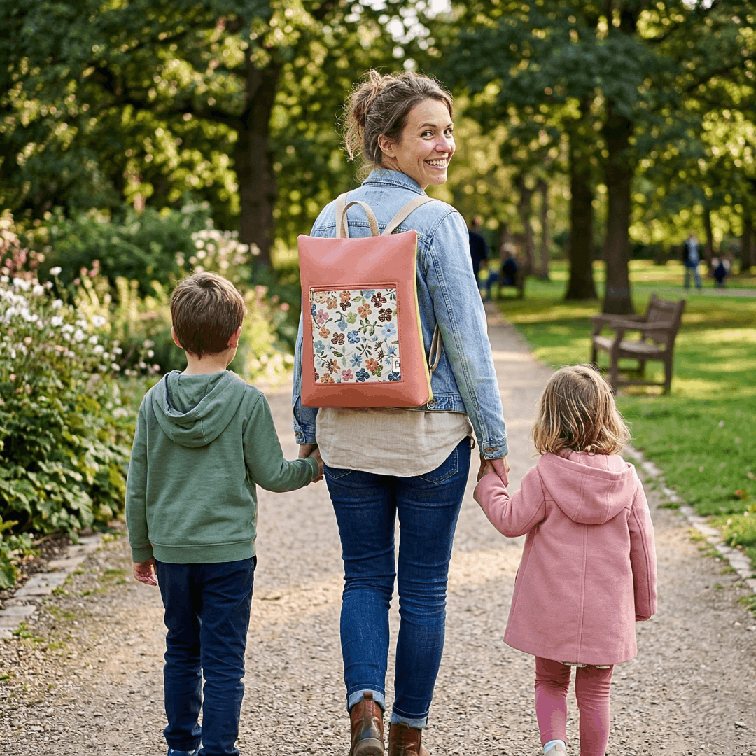 mujer-sonriente-llevando-mochila-antirrobo-primavera-salmon-cristina-alba